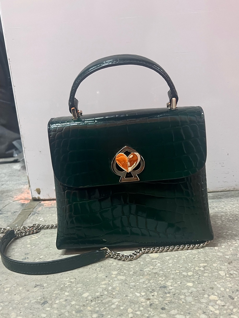 Kate Spade: Dark Green Croc-Embossed Top Handle Bag with Heart Lock